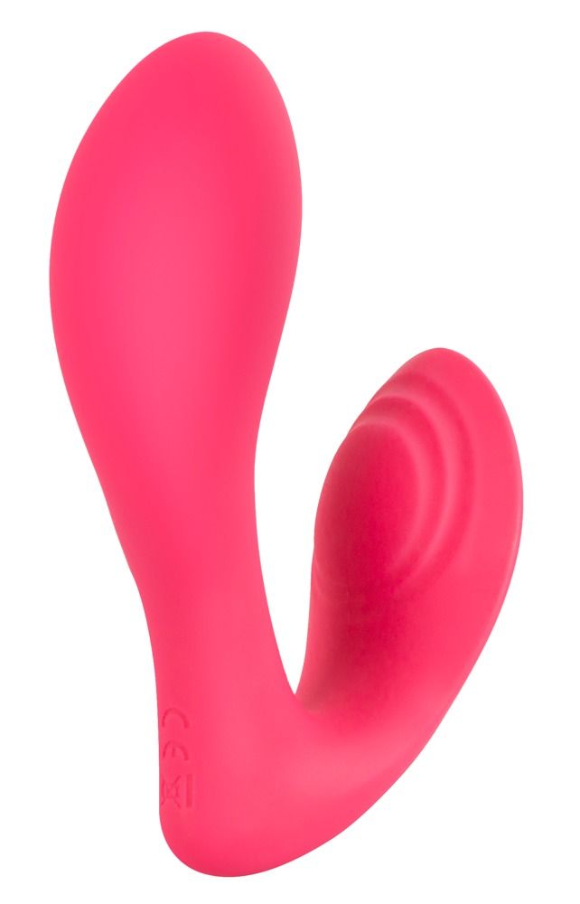 Rosa Vibrator. U-förmig mit zwei Enden. Auf einer Seite befinden sich Knöpfe.