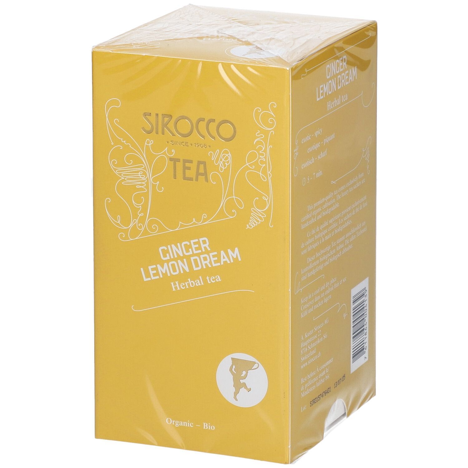 Gelbe Verpackung, eingeschweißt. "Sirocco Tea Ginger Lemon Dream". Logo und Produktbezeichnung. Bio-Zertifizierung.