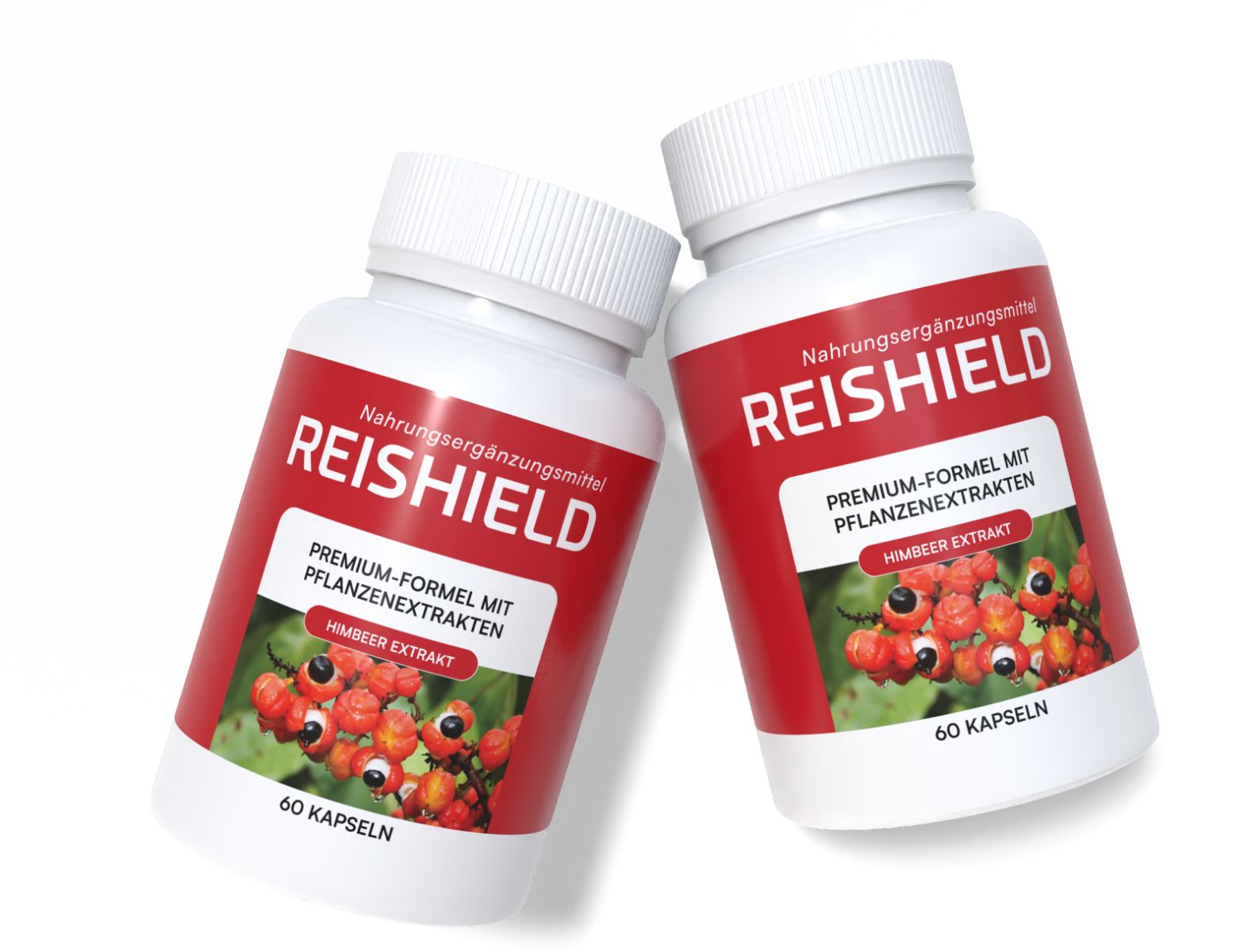Zwei weiße Flaschen Reishield Nahrungsergänzungsmittel mit Guarana-Abbildung und 60 Kapseln.