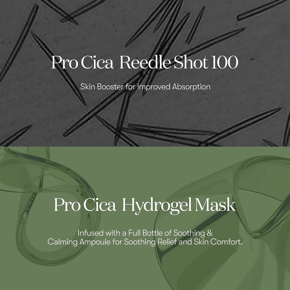 Zwei Bereiche mit Text. Oben: Pro Cica Reedle Shot 100. Unten: Pro Cica Hydrogel Maske. Hintergrund: Grau und Grün.