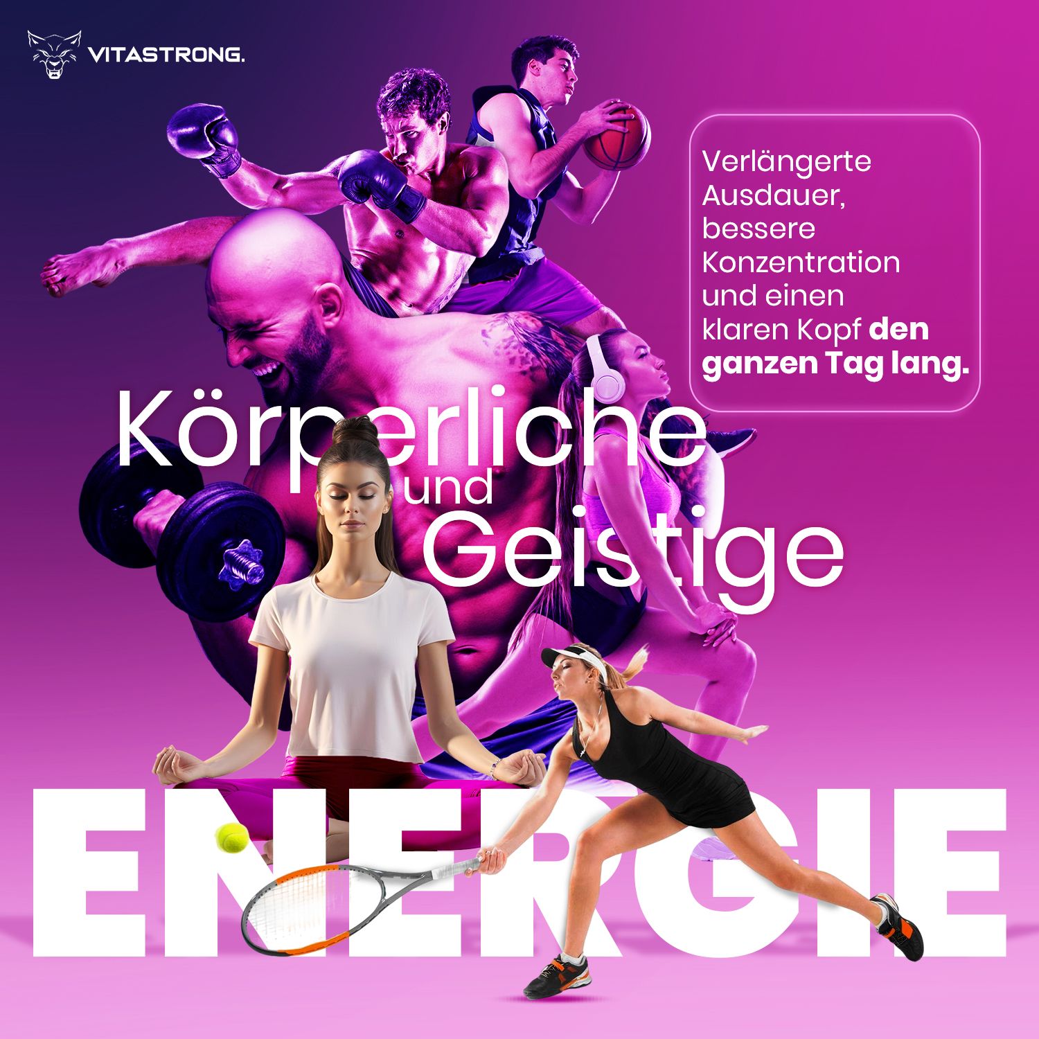 Vitastrong Energy Berries Dose, blaue Beeren, Text. Zero Zucker, kein Absturz, konstante Energie.