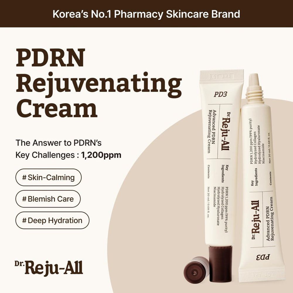 Zwei Tuben Dr. Reju-All Advanced PDRN Rejuvenating Cream, eine geöffnet. Beschriftung: "Korea's No.1 Pharmacy Skincare Brand".