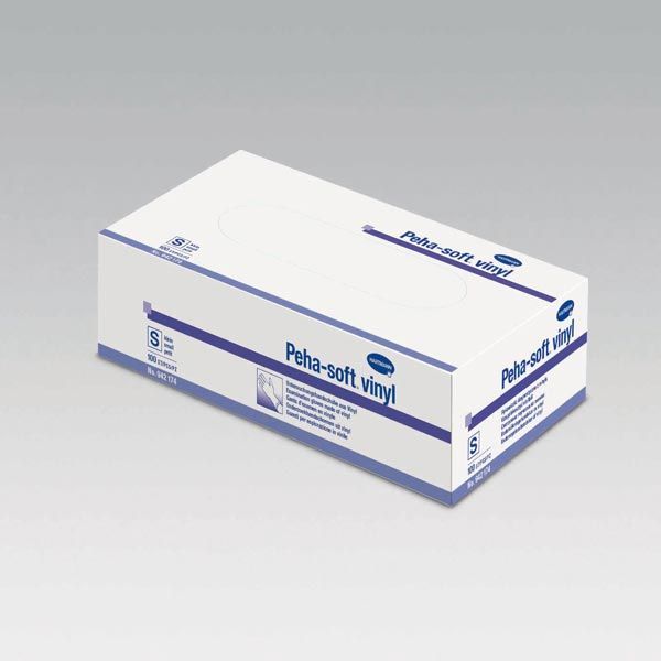 Weißer Karton mit blauer Beschriftung: Peha-soft vinyl. Enthält 100 Handschuhe. Größe S. Hartmann Logo.