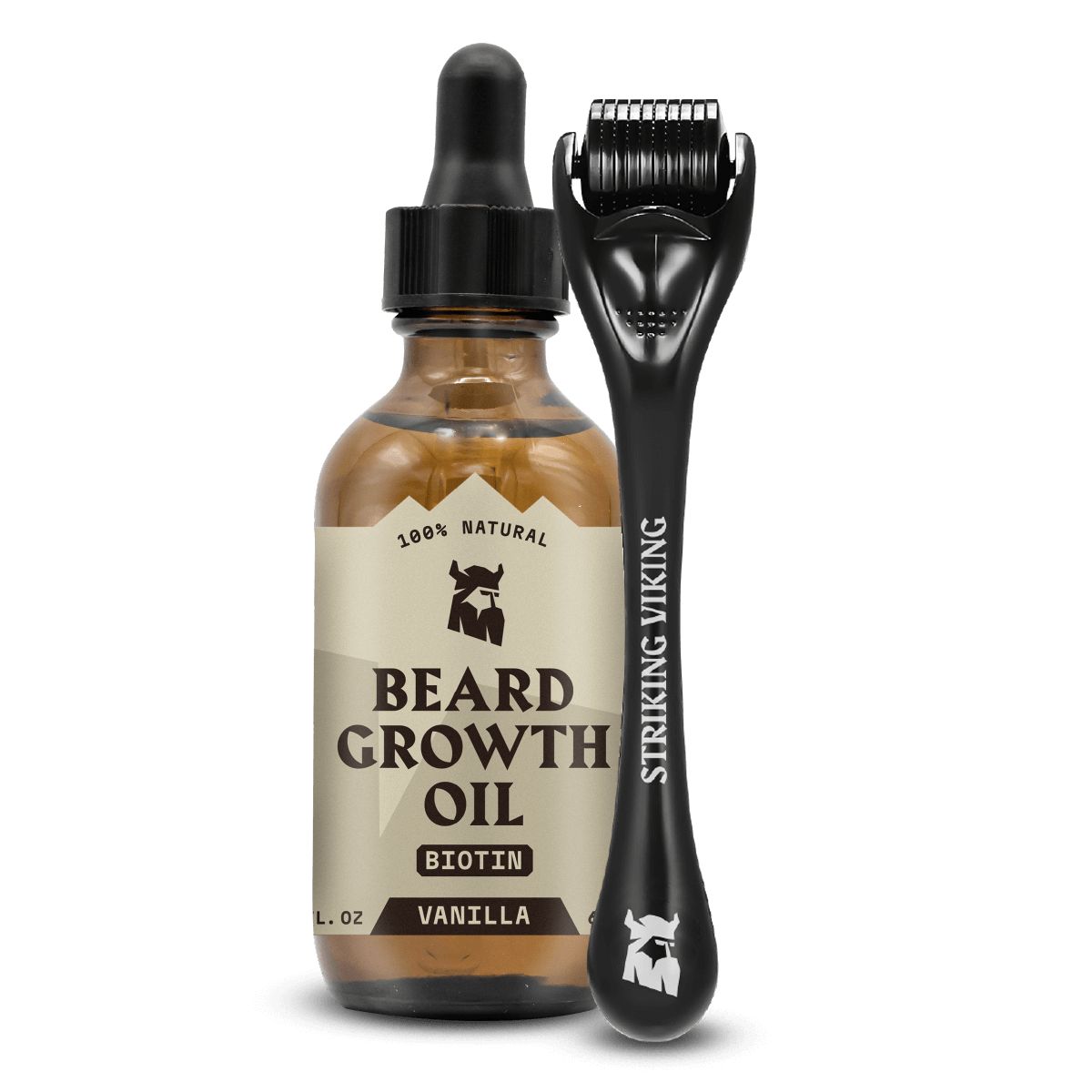 Braune Glasflasche mit Pipette und schwarzem Derma-Roller. Aufschrift: Beard Growth Oil, Biotin, Vanille. Marke: Striking Viking.