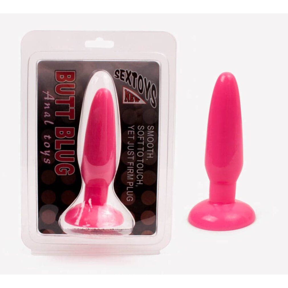 Verpackung mit pinkfarbenem Butt Plug. Klarer Kunststoff. Produktname: Butt Plug. Marke: Sextoys.