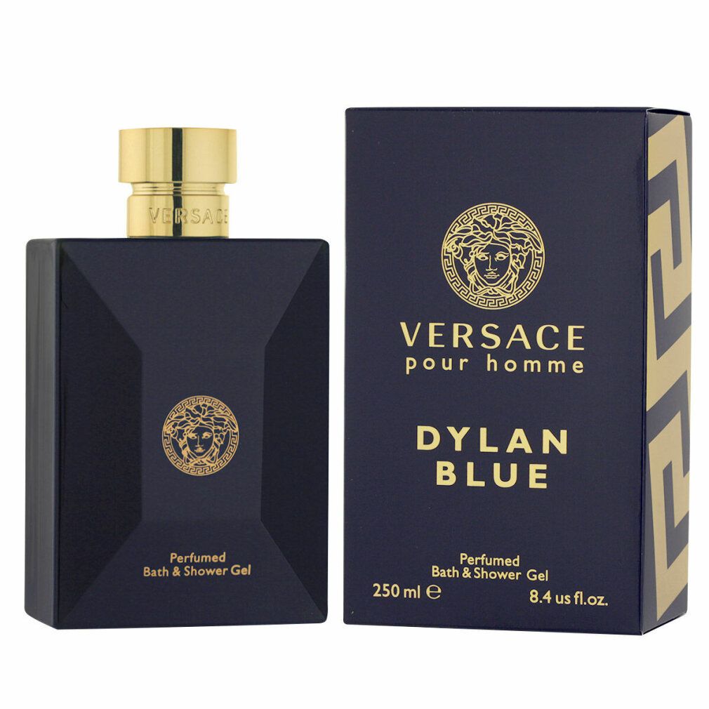 Dunkelblaue Flasche und Verpackung. Goldfarbenes Logo und Schriftzug. 'Versace Pour Homme Dylan Blue' und 'Perfumed Bath & Shower Gel'.