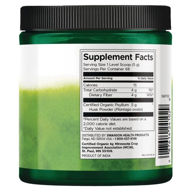Grünes Supplement-Behälter mit weißem Etikett. Enthält Informationen zu Nährwerten und Inhaltsstoffen. Zertifiziertes Bio-Produkt.