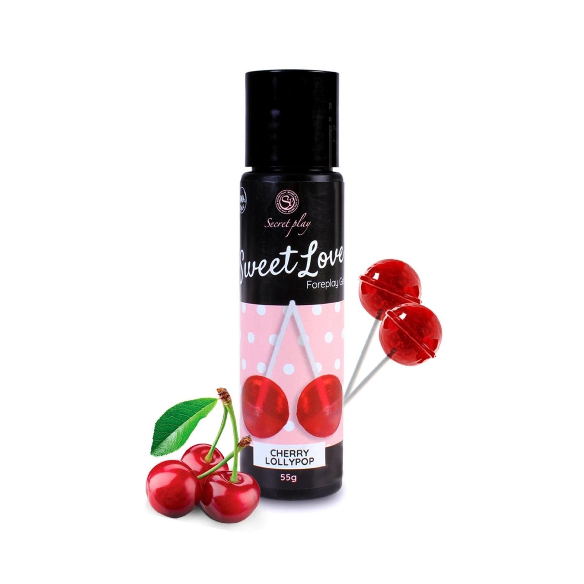 Flasche mit Kirsch-Lutscher-Motiv und Kirschen. Enthält 55g.