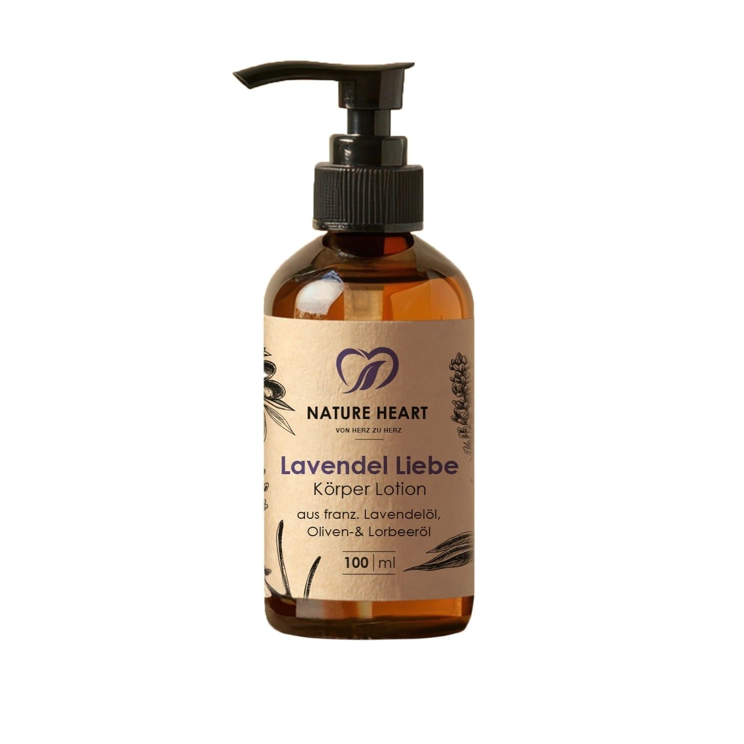 Braune Flasche mit schwarzem Pumpverschluss. Etikett mit Produktnamen und Logo. Text: Lavendel Liebe Körper Lotion, 100 ml.