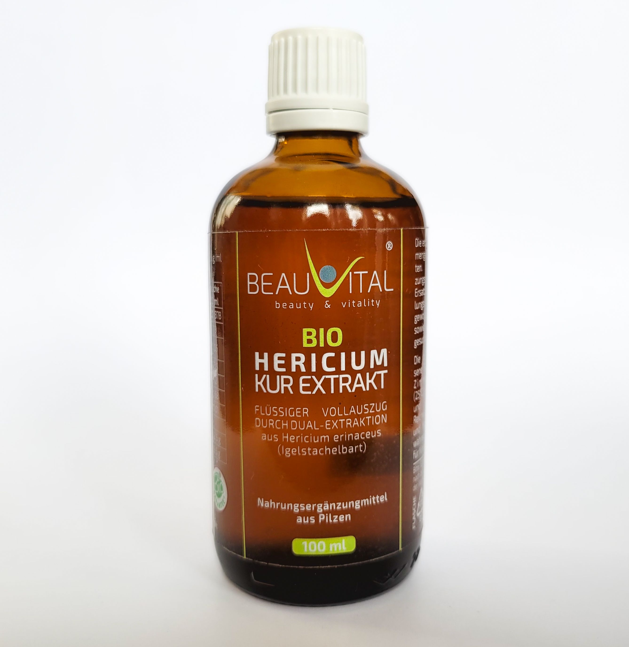 BEAUVITAL® Bio Hericium Kur Extrakt Flasche, 100 ml, mit Etikett.