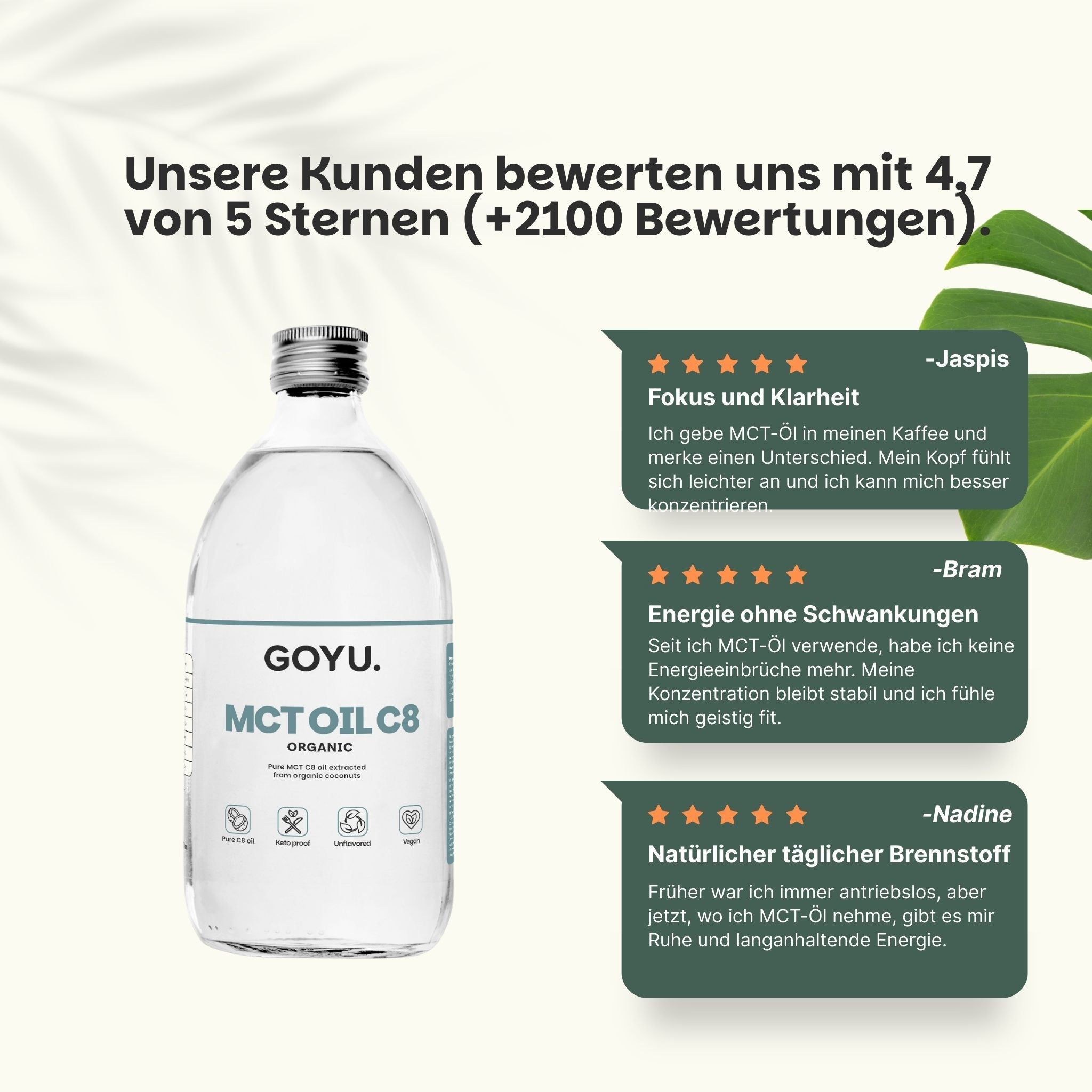 Flasche GOYU MCT OIL C8. Text: Kunden bewerten uns mit 4,7 von 5 Sternen. Bewertungen. Zitate.
