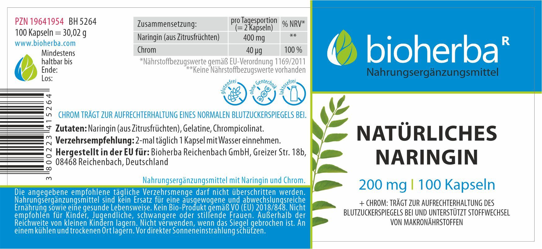 Etikett mit Produktinformationen. Aufschrift: Bioherba, Natürliches Naringin, 200 mg | 100 Kapseln. Enthält Naringin und Chrom. Details in Deutsch.