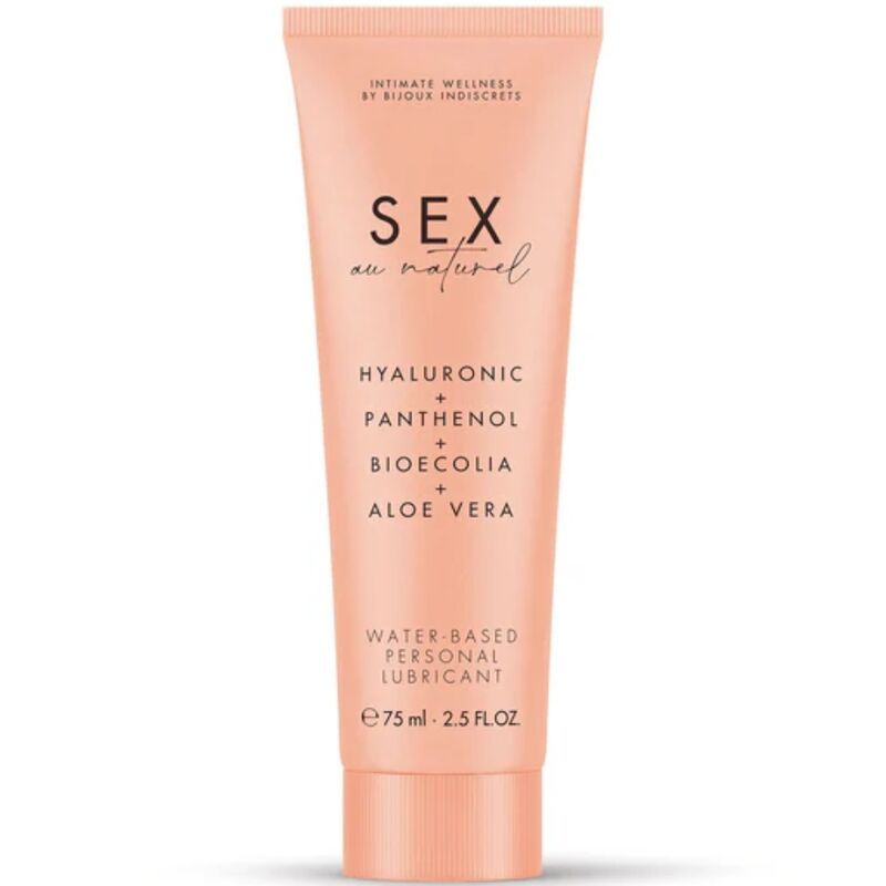 Rosa Tube mit Aufschrift 'SEX au naturel'. Enthält Hyaluronsäure, Panthenol, Bioecolia und Aloe Vera. Wasserbasiertes Gleitmittel.