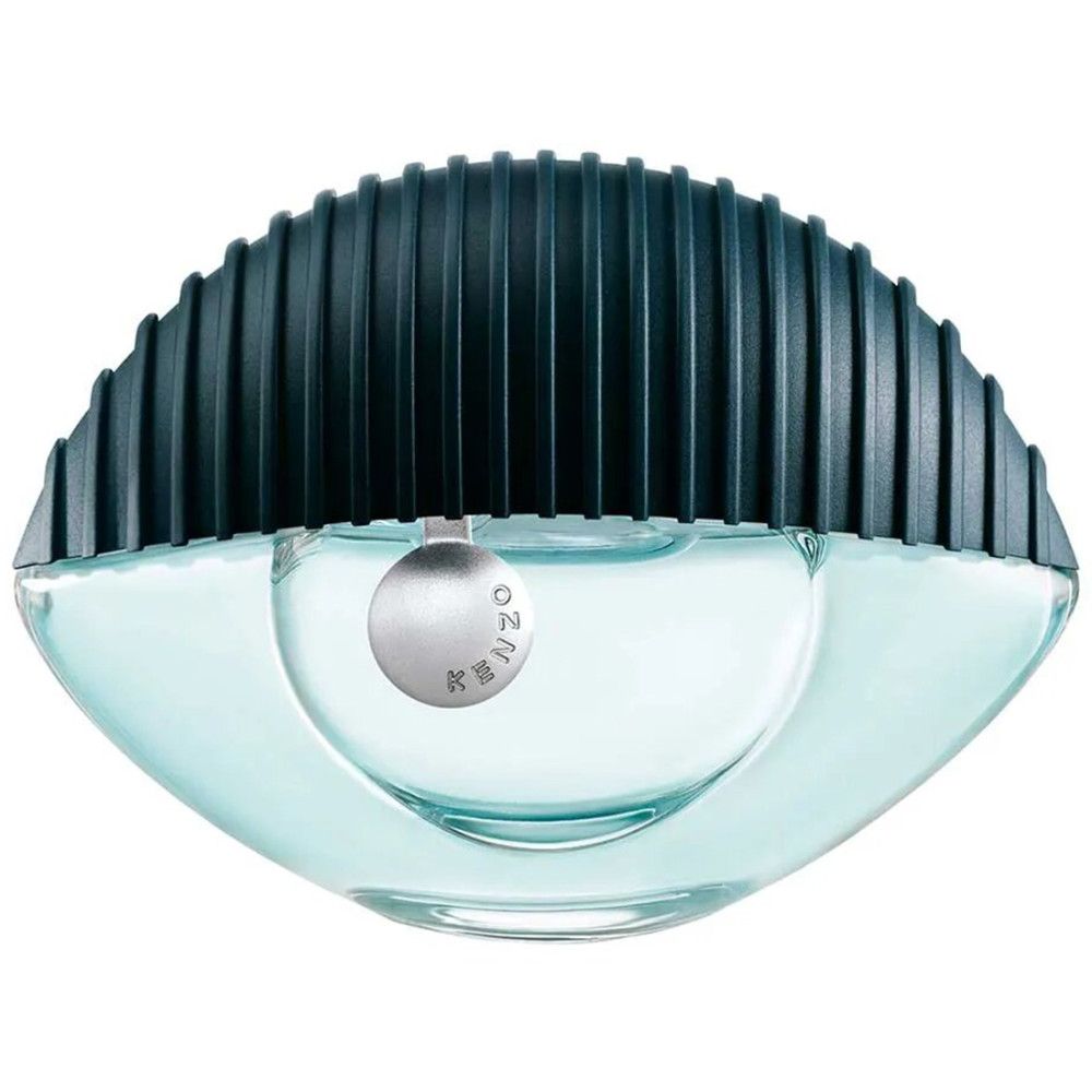 Hellblaues Parfümflakon in Augenform mit dunkelblauem Deckel und silbernem Logo.