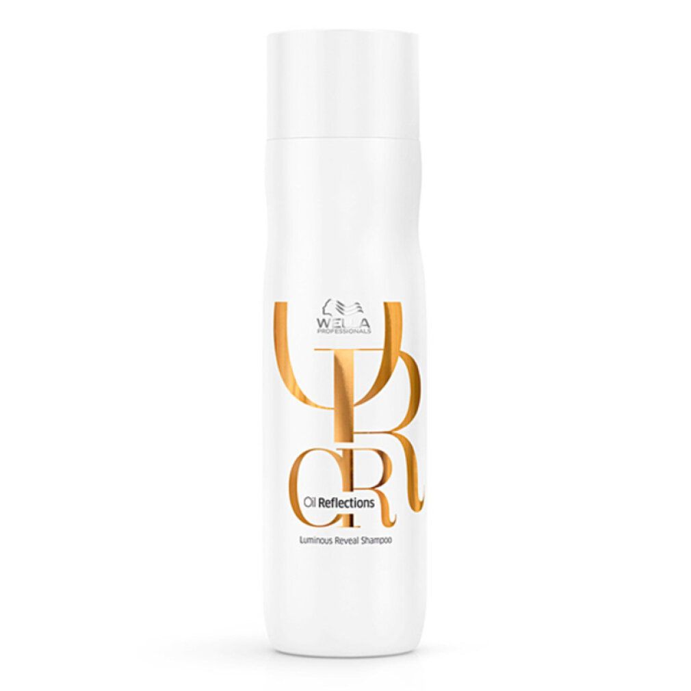 Weiße Shampoo-Flasche mit goldfarbenem Logo und Schriftzug. Aufschrift: Oil Reflections.