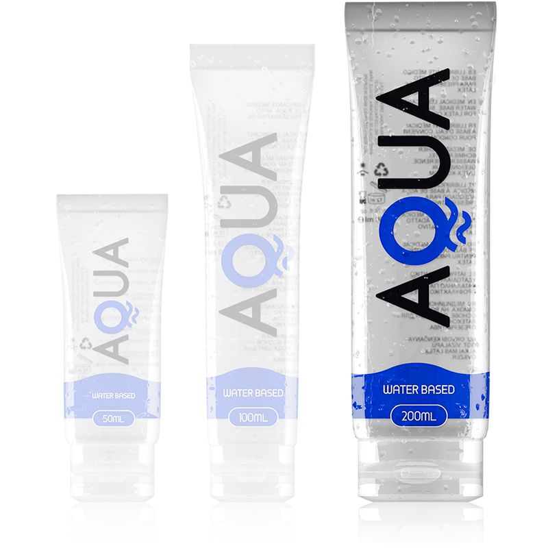 Drei Aqua Wasserbasis Gleitcreme Tuben in verschiedenen Größen: 50ml, 100ml und 200ml.