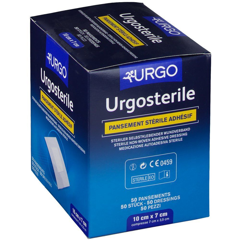 Urgosterile-Verpackung. Enthält 50 sterile Wundverbände, 10 x 7 cm. Blaue Schachtel mit Produktnamen und Logo.