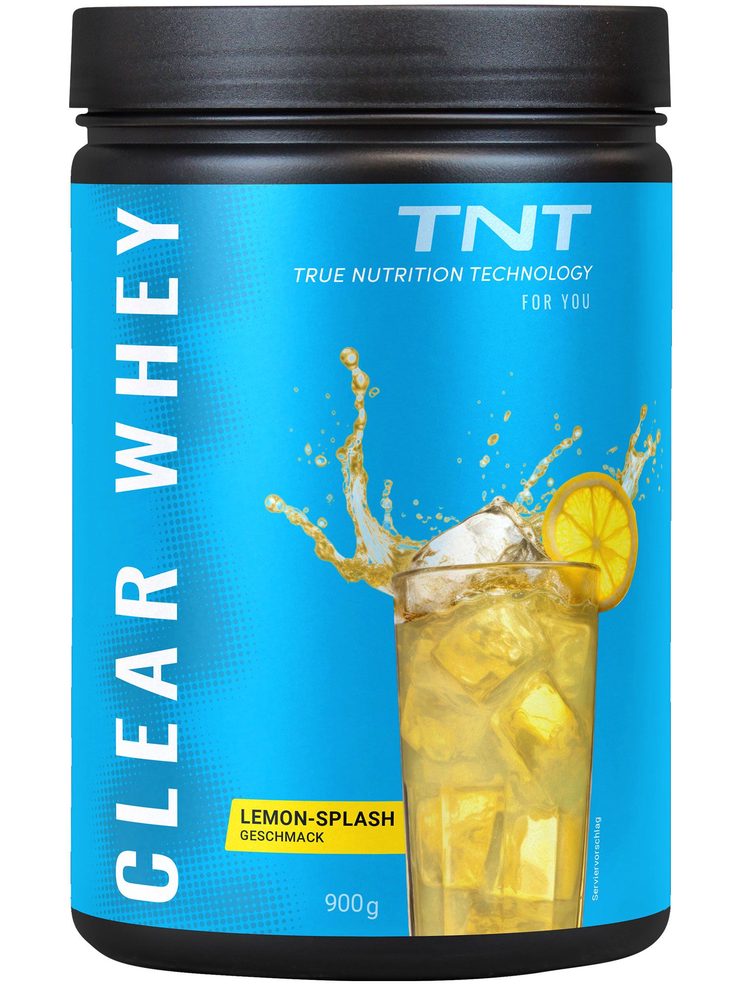 Schwarze Dose mit blauem Etikett. Aufschrift: TNT CLEAR WHEY. Abbildung eines Getränks mit Eiswürfeln und Zitrone. 900g.