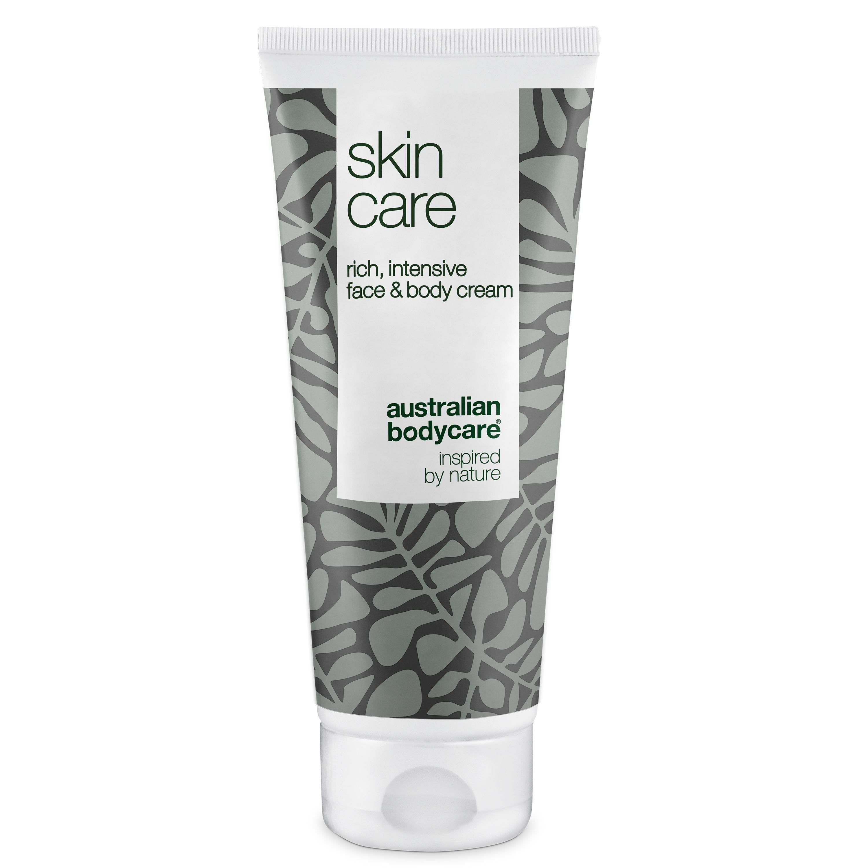 Creme-Tube mit weißem Deckel. Aufschrift: Skin Care, Rich, Intensive Face & Body Cream. Marke: Australian Bodycare.