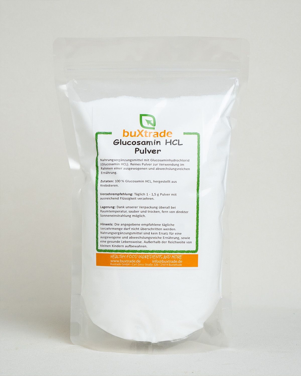 Verpackung von buXtrade Glucosamin HCL Pulver mit Nährwertangaben.