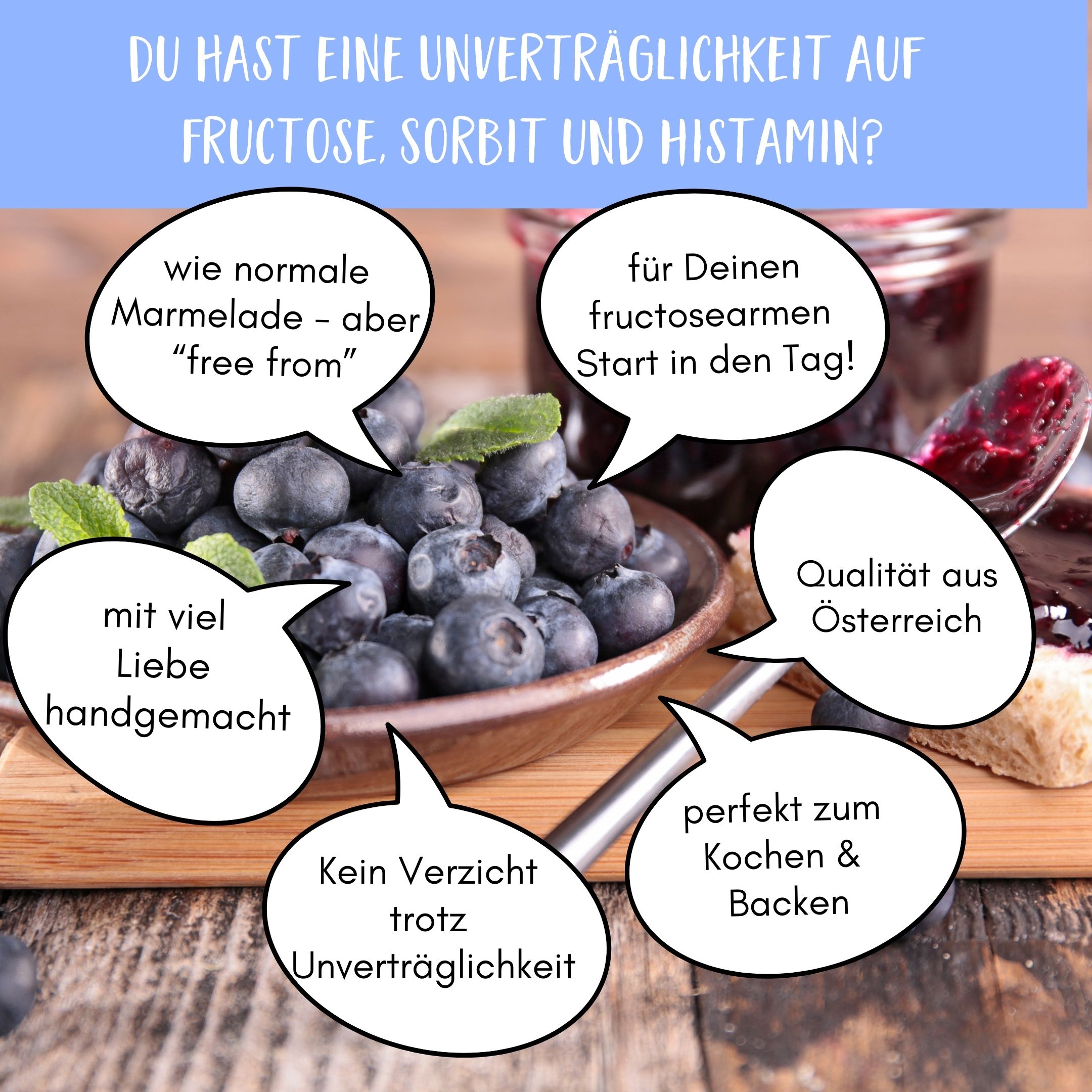 Blaubeeren in Schale. Sprechblasen mit Text: wie normale Marmelade - aber "free from", für Deinen fructosearmen Start in den Tag!, Qualität aus Österreich, perfekt zum Kochen & Backen.