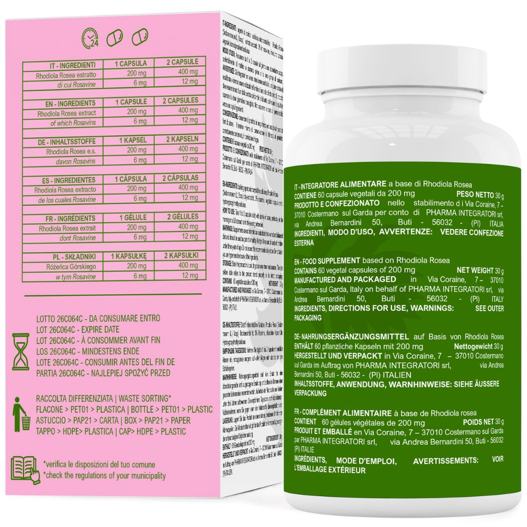Kapsel-Nahrungsergänzungsmittel. Weiße Flasche mit grünem Etikett und Text. Rosa Verpackung mit Text und Inhaltsangaben.