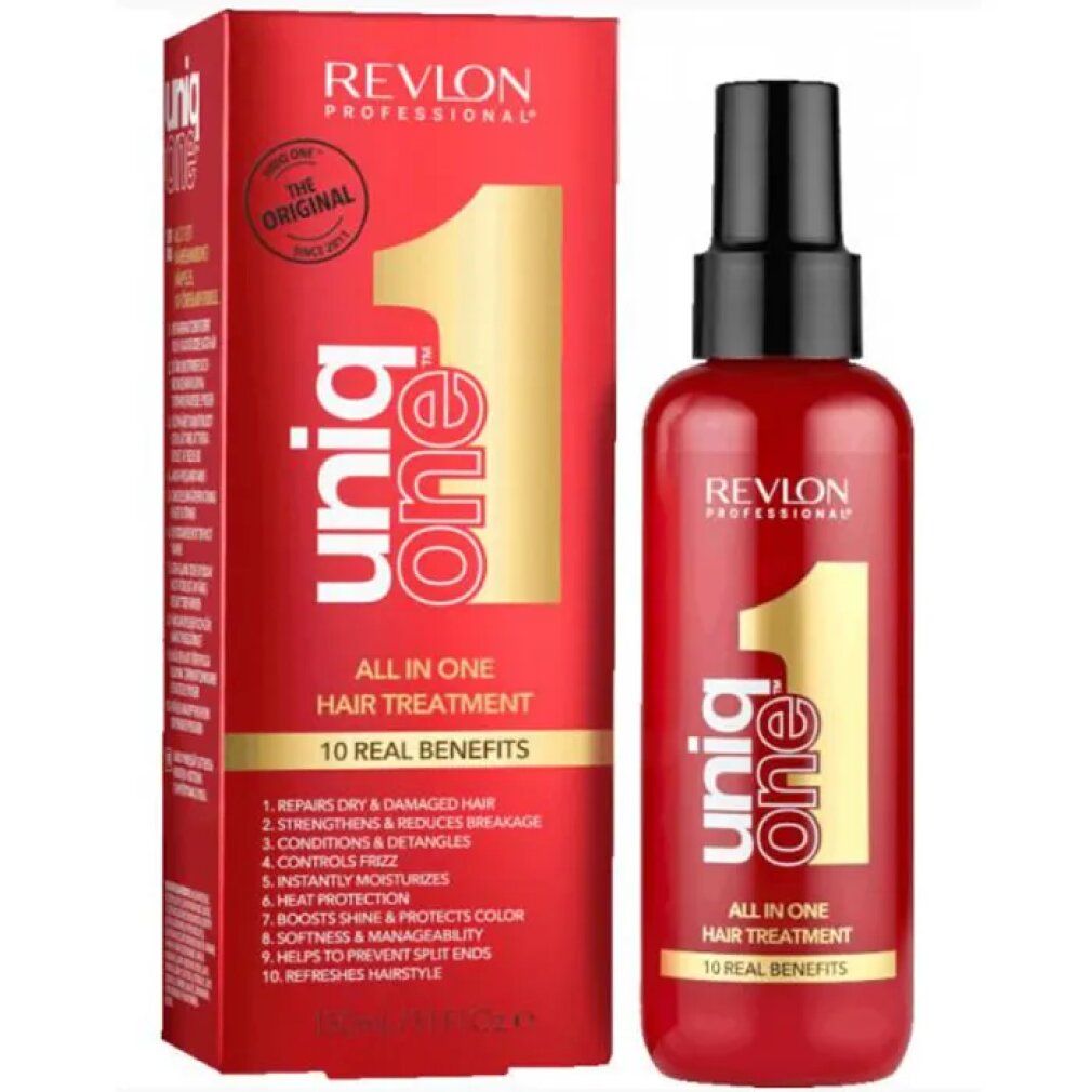 Rote Verpackung und Flasche. Aufschrift: Uniq One, All in One Hair Treatment, 10 Real Benefits. Marke: Revlon Professional. Mit Text.