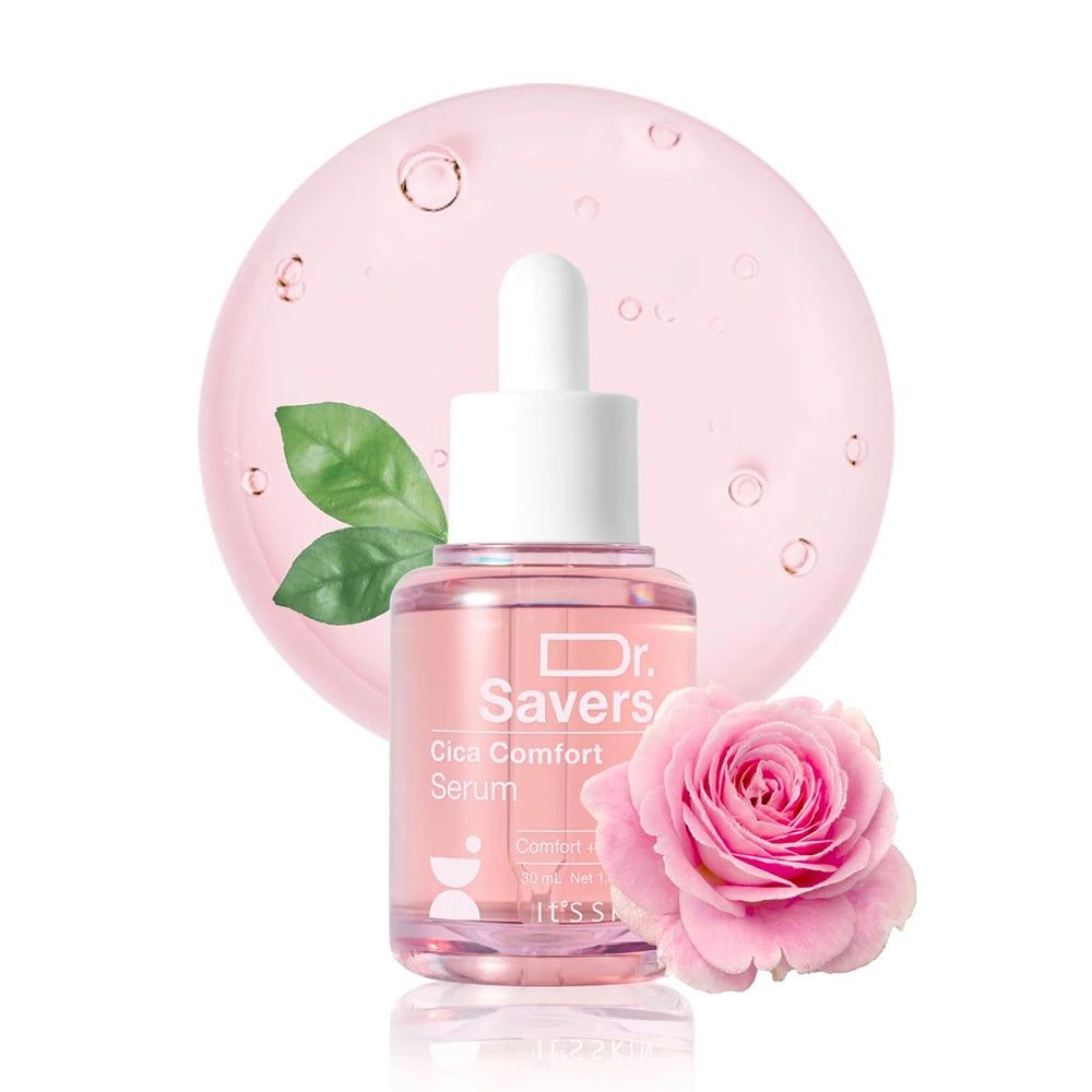 Rosa Serumflasche mit weißem Deckel, Rose und Blättern. Text: Dr. Savers Cica Comfort Serum.