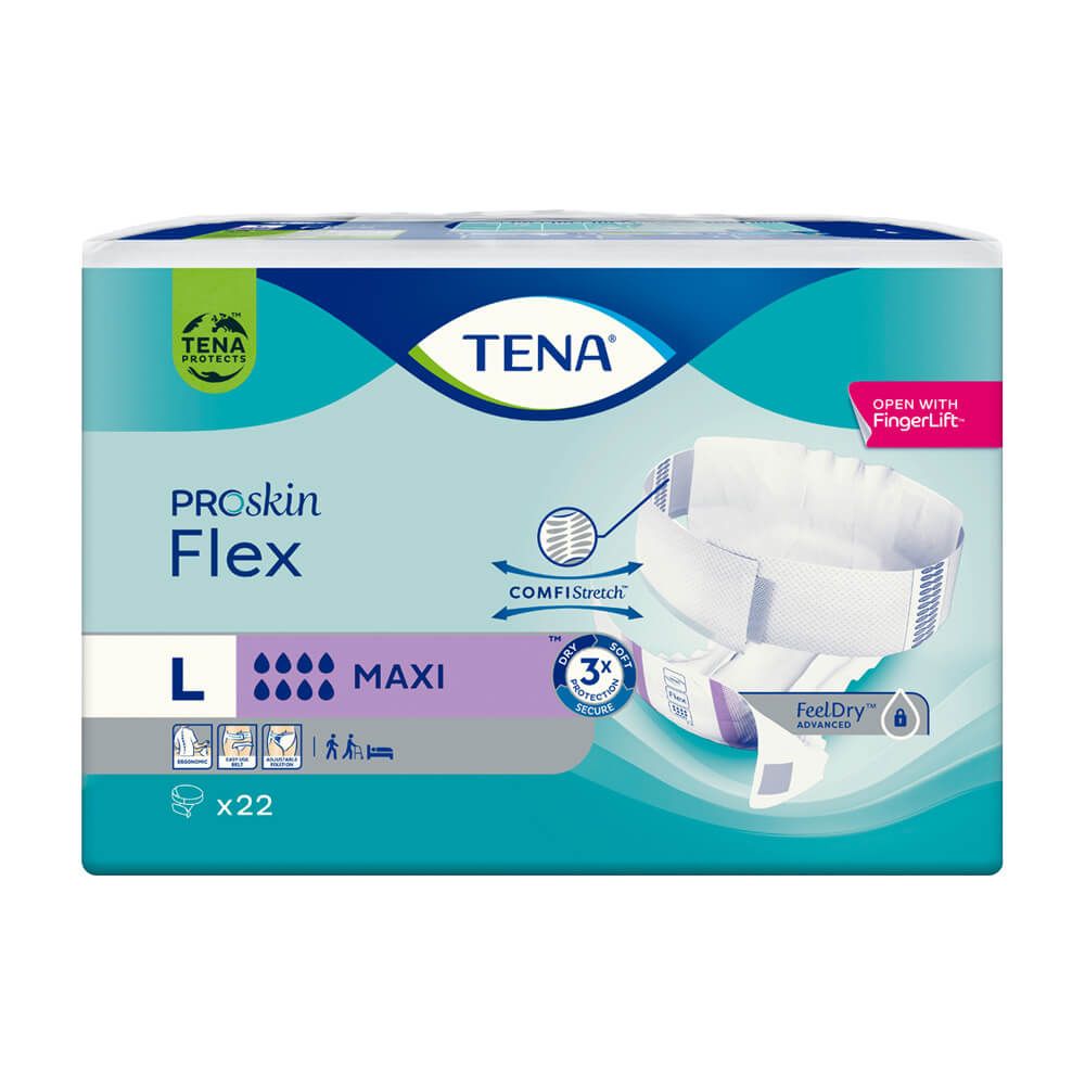 TENA ProSkin Flex Maxi L. Verpackung mit Produktabbildung. Größe L, Maxi. Mit ComfiStretch und FeelDry.