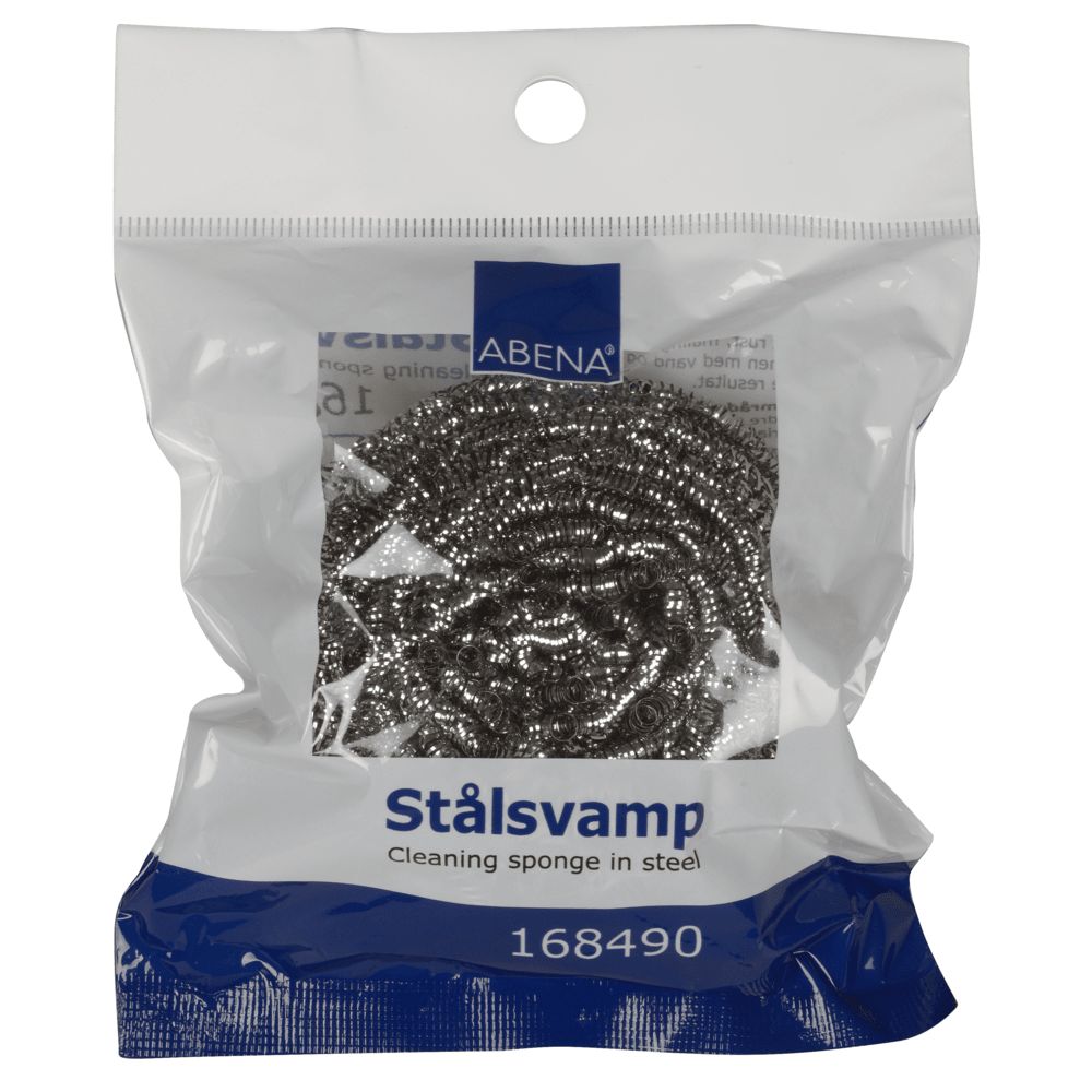 Edelstahlspirale in transparenter Verpackung. Aufschrift: Stålsvamp, Cleaning sponge in steel, ABENA. Produktnummer: 168490.