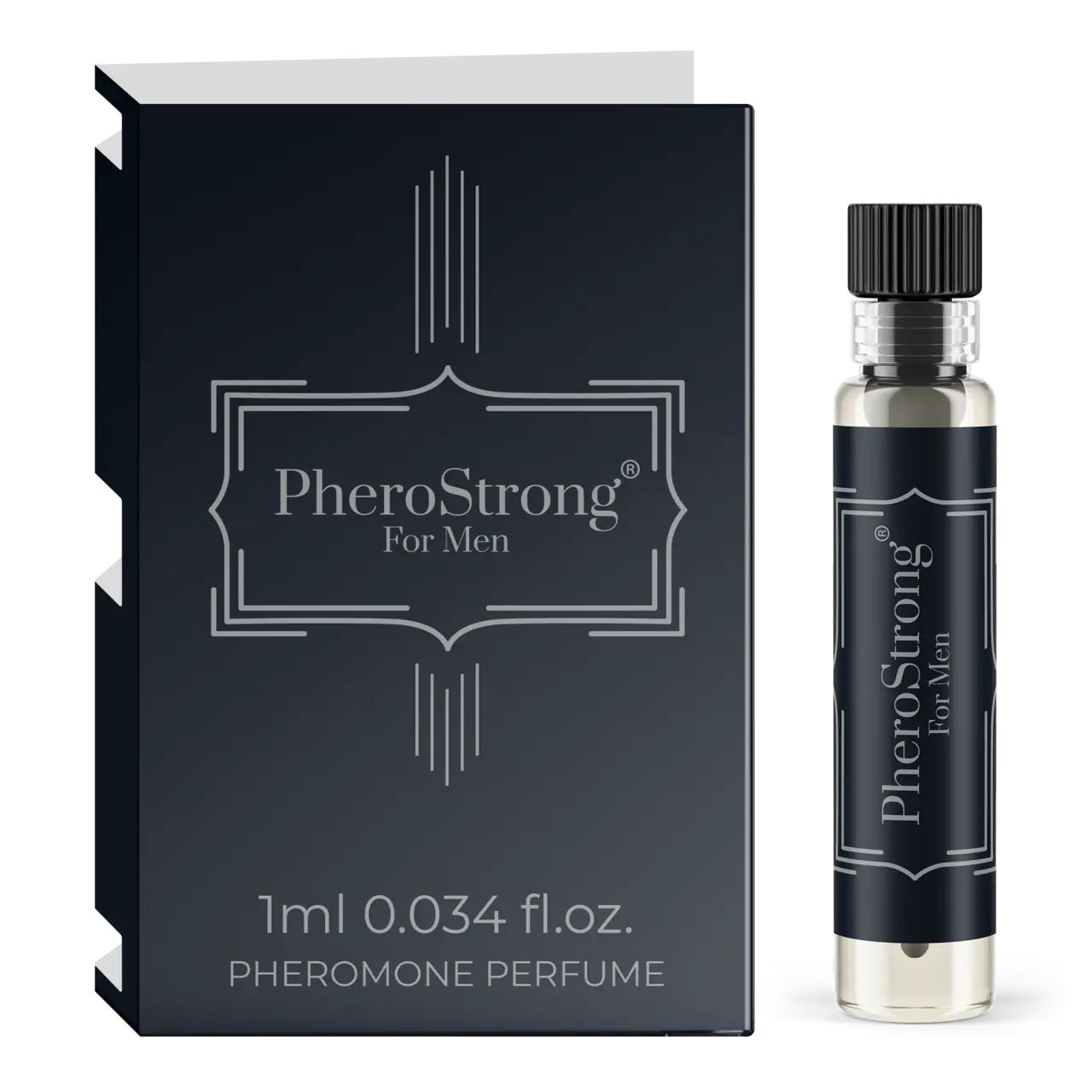 Flakon und Verpackung von PheroStrong für Männer. Schwarze Verpackung mit Schriftzug. Flakon mit schwarzem Verschluss.