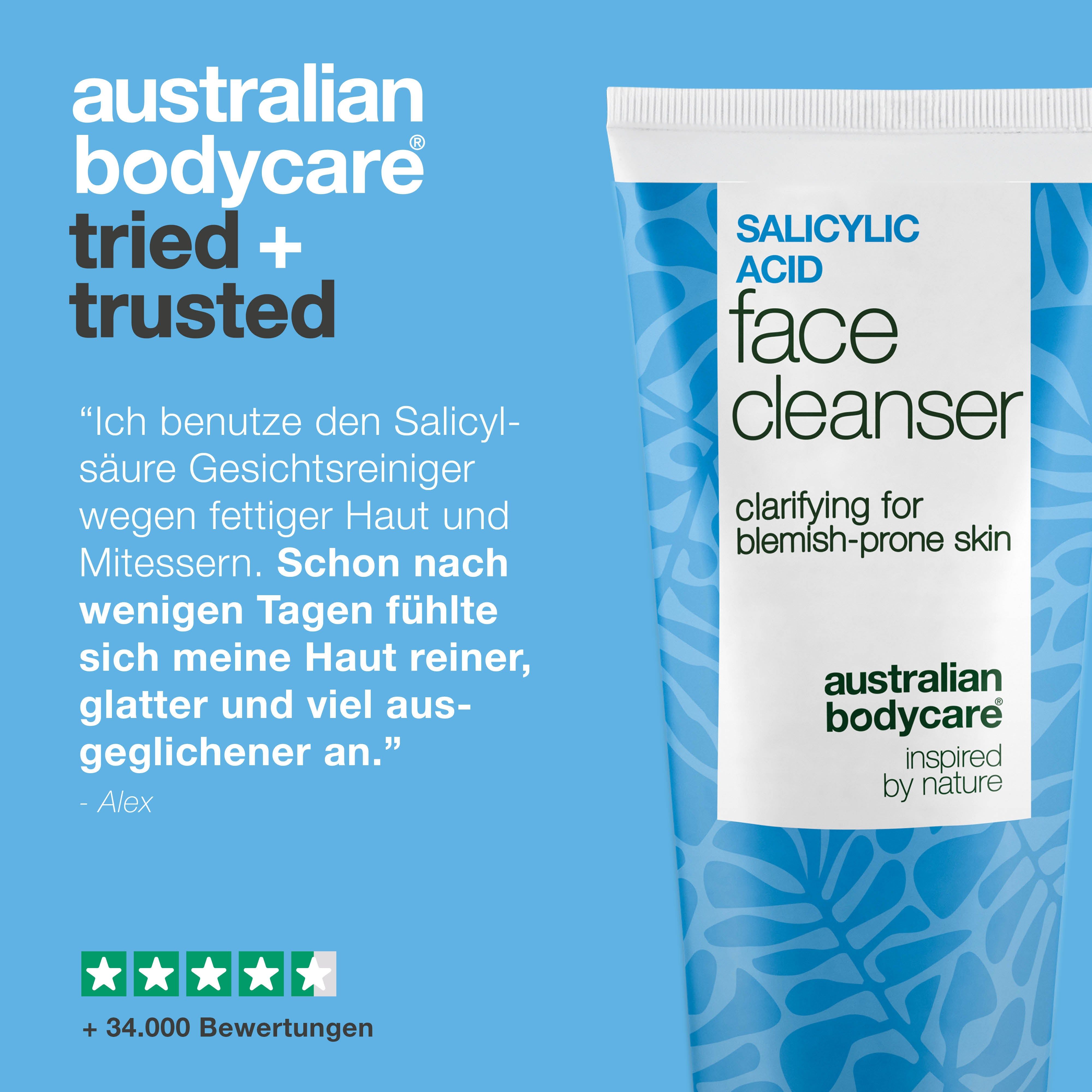 Tube "Salicylic Acid Face Cleanser" mit Text. Text: Erfahrungsbericht. Marke: Australian Bodycare.