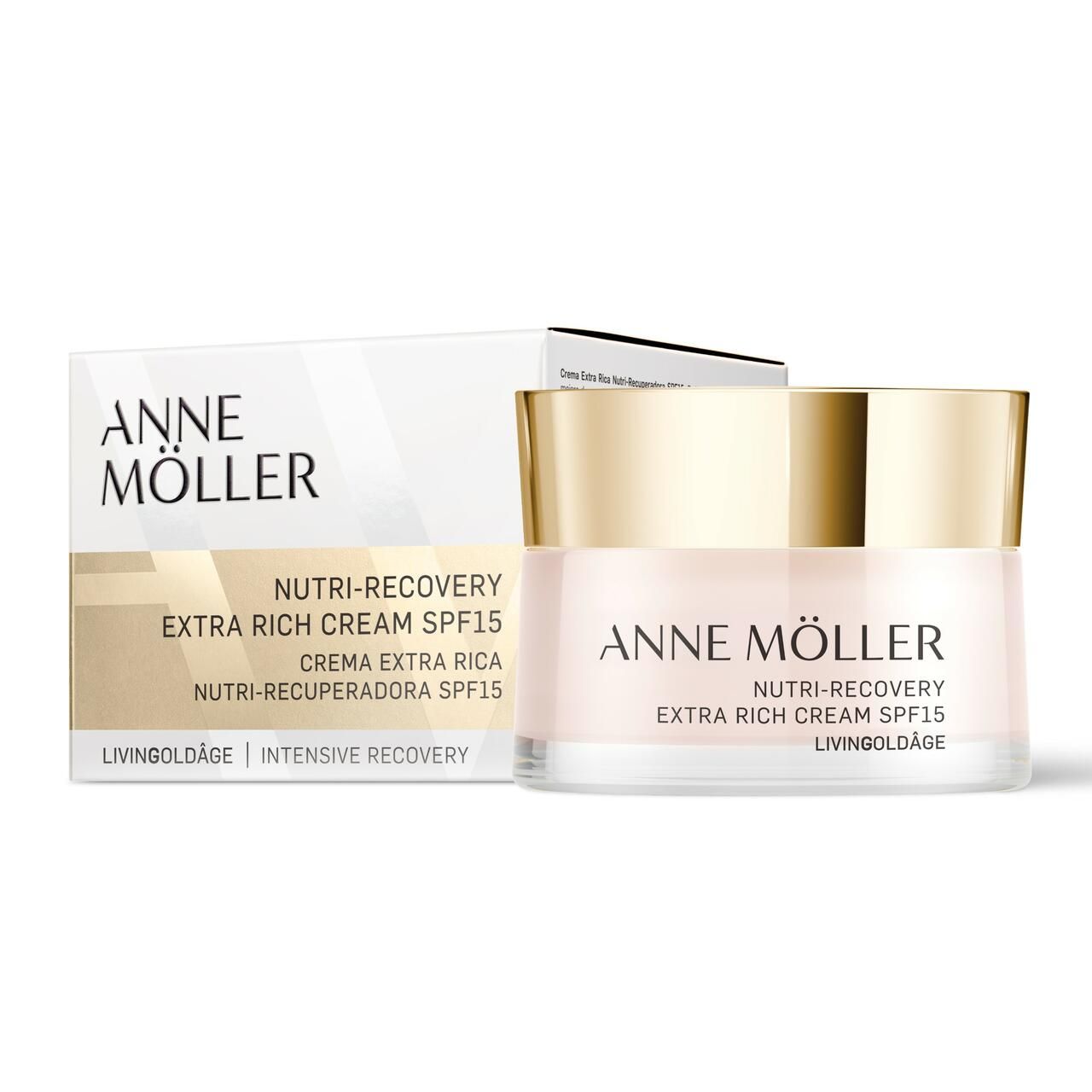 Creme-Glas und Verpackung. Aufschrift: ANNE MÖLLER, Nutri-Recovery, Extra Rich Cream SPF15, Livingoldâge. Verpackung mit Logo.