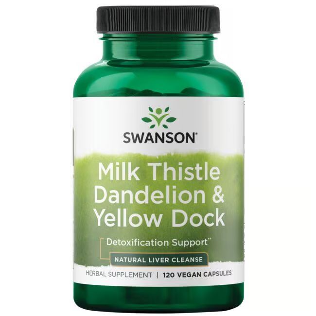 Grüne Flasche mit schwarzem Deckel. Aufschrift: SWANSON, Milk Thistle Dandelion & Yellow Dock. 120 vegane Kapseln.