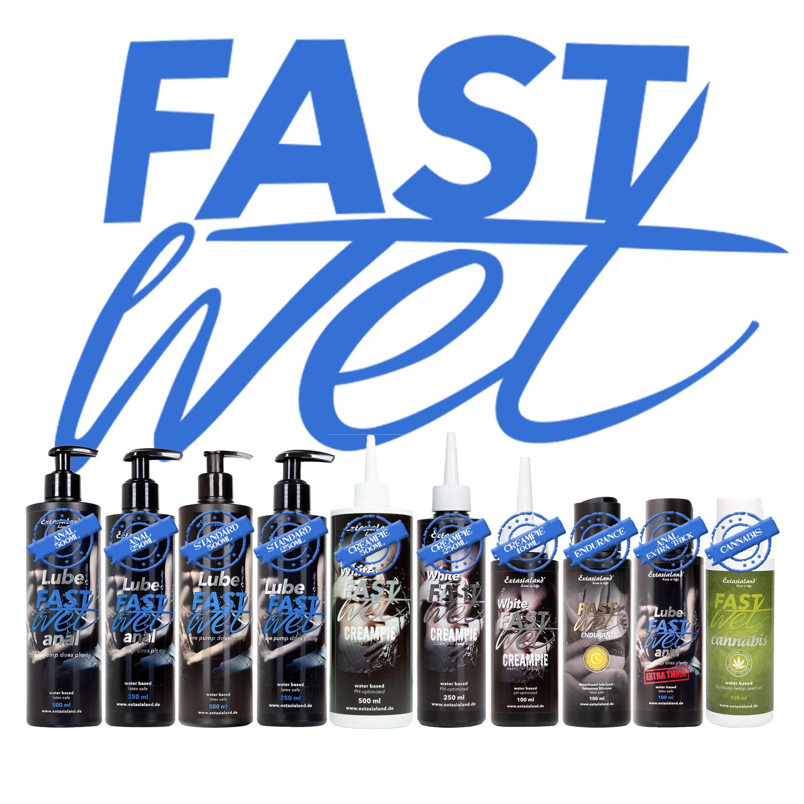 Mehrere Flaschen mit Pumpe. Aufschrift: Fast Wet. Verschiedene Varianten. Text: Fast Wet.