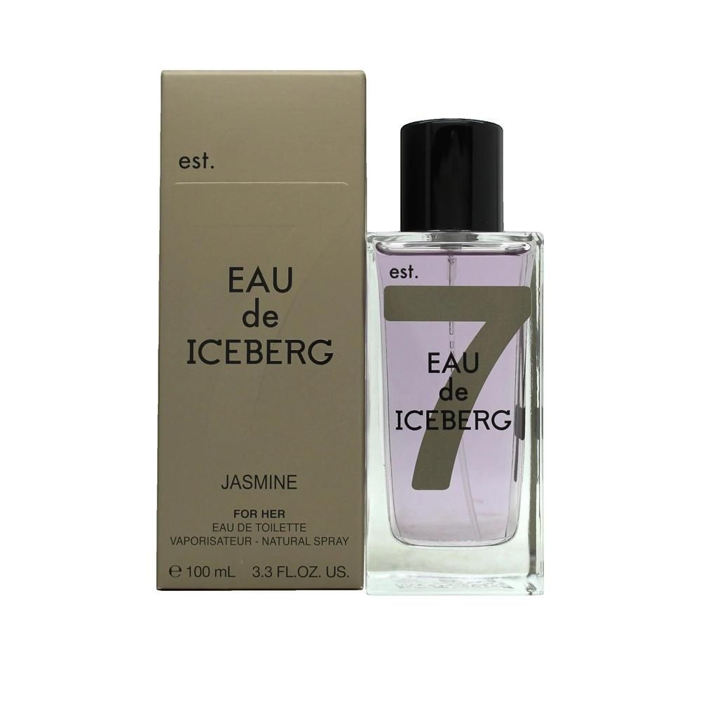 Glasflakon mit schwarzem Verschluss und Verpackung. Aufschrift "EAU de ICEBERG 7" und "JASMIN".