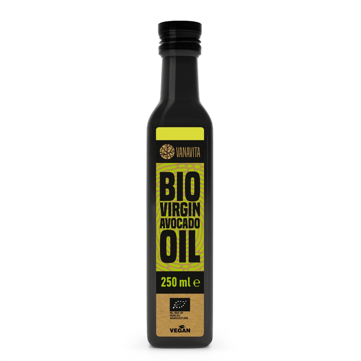 Vanavita Bio Virgin Avocado Oil in dunkler Glasflasche mit schwarzem Schraubverschluss. Gelbes Etikett mit Produktinformationen und Bio-Siegel.
