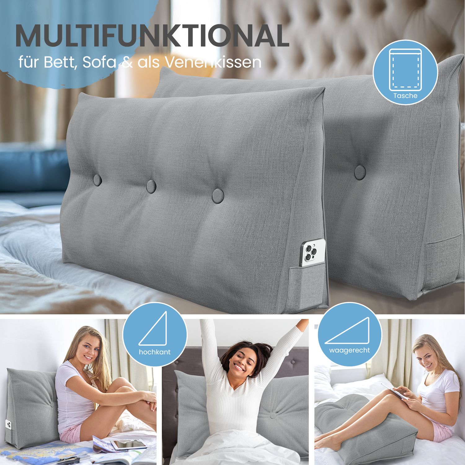 Graue Stützkissen mit Knopfdetails. Mehrere Anwendungsbeispiele. Seitentasche. Text: MULTIFUNKTIONAL für Bett, Sofa & als Venenkissen.