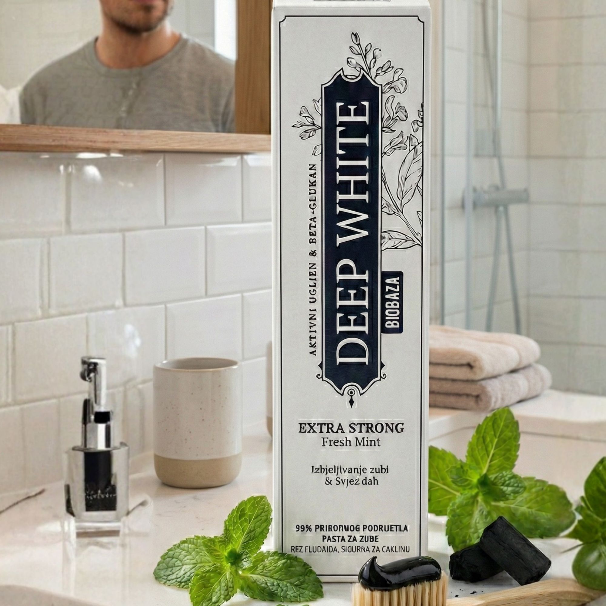 Zahncreme-Verpackung "DEEP WHITE" mit Logo, Kräutern und Holzkohle. Im Hintergrund: Spiegel, Waschbecken und Mann.
