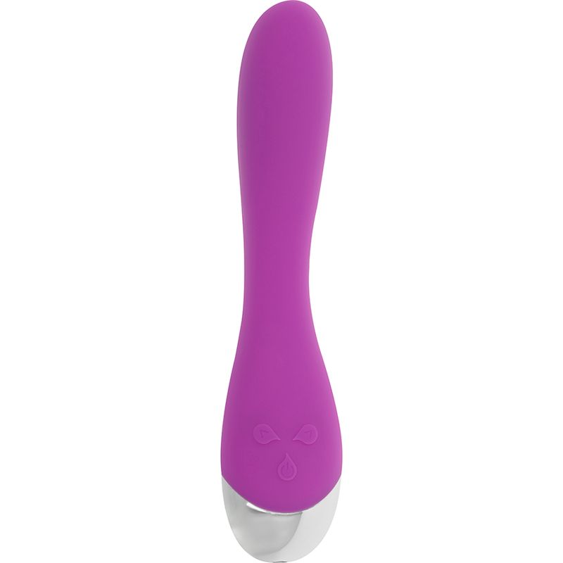 Lila Vibrator mit silberfarbenem Ende. Tropfenförmige Knöpfe. Glatte Oberfläche.