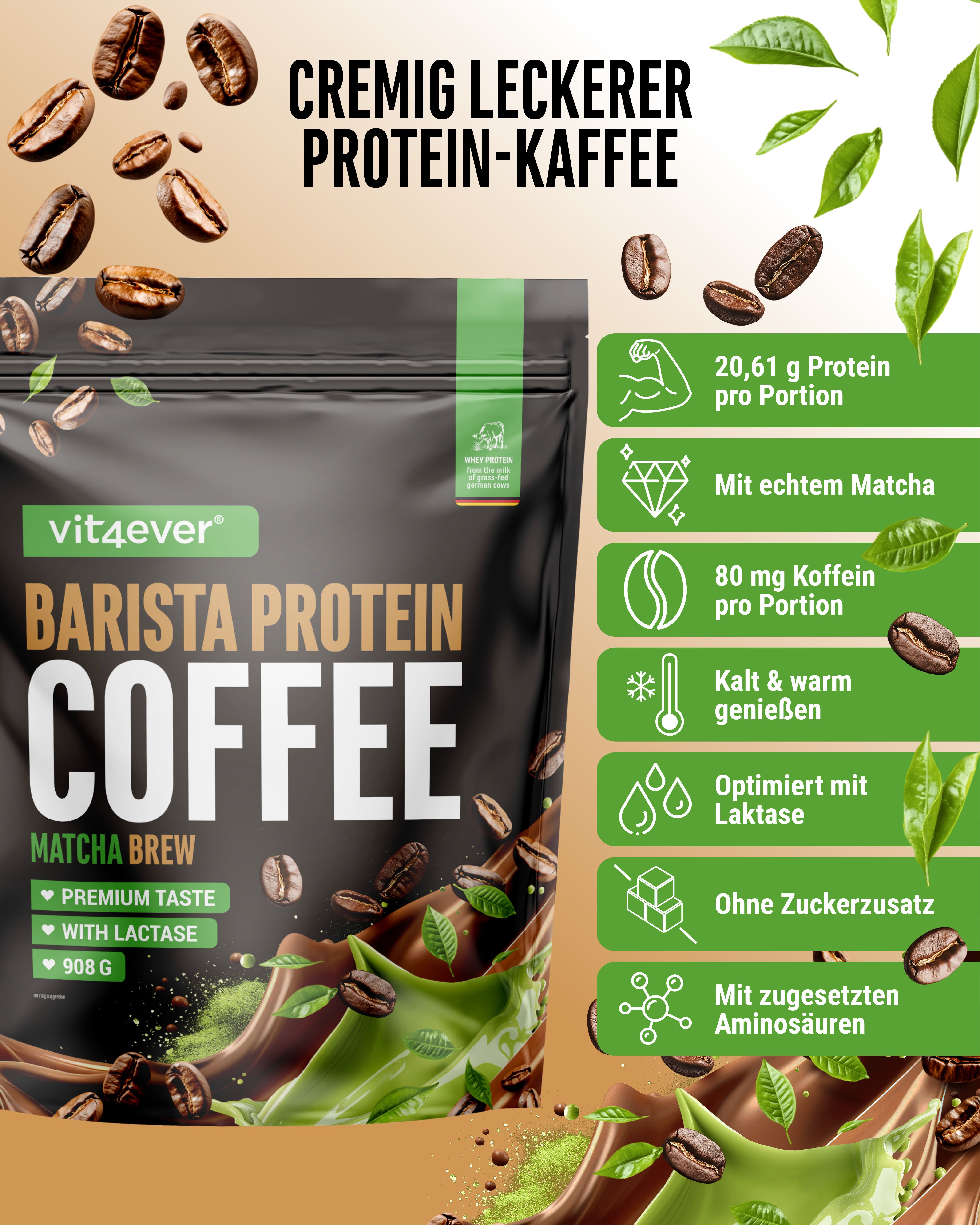 Verpackung "vit4ever Barista Protein Coffee Matcha Brew" mit Infografiken. Enthält Protein, Koffein, Matcha und Laktase. 908g.