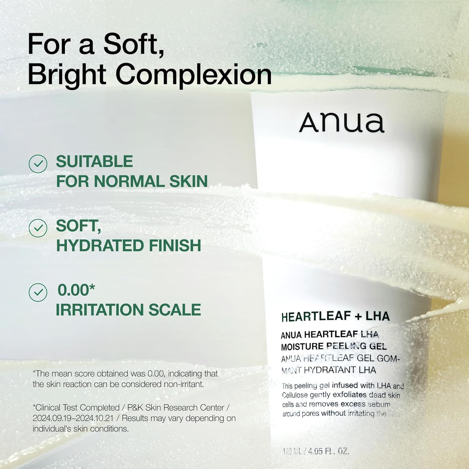 Tube ANUA Heartleaf LHA Moisture Peeling Gel. Text: Geeignet für normale Haut, weiches, hydratisiertes Finish, 0,00 Irritationsskala.