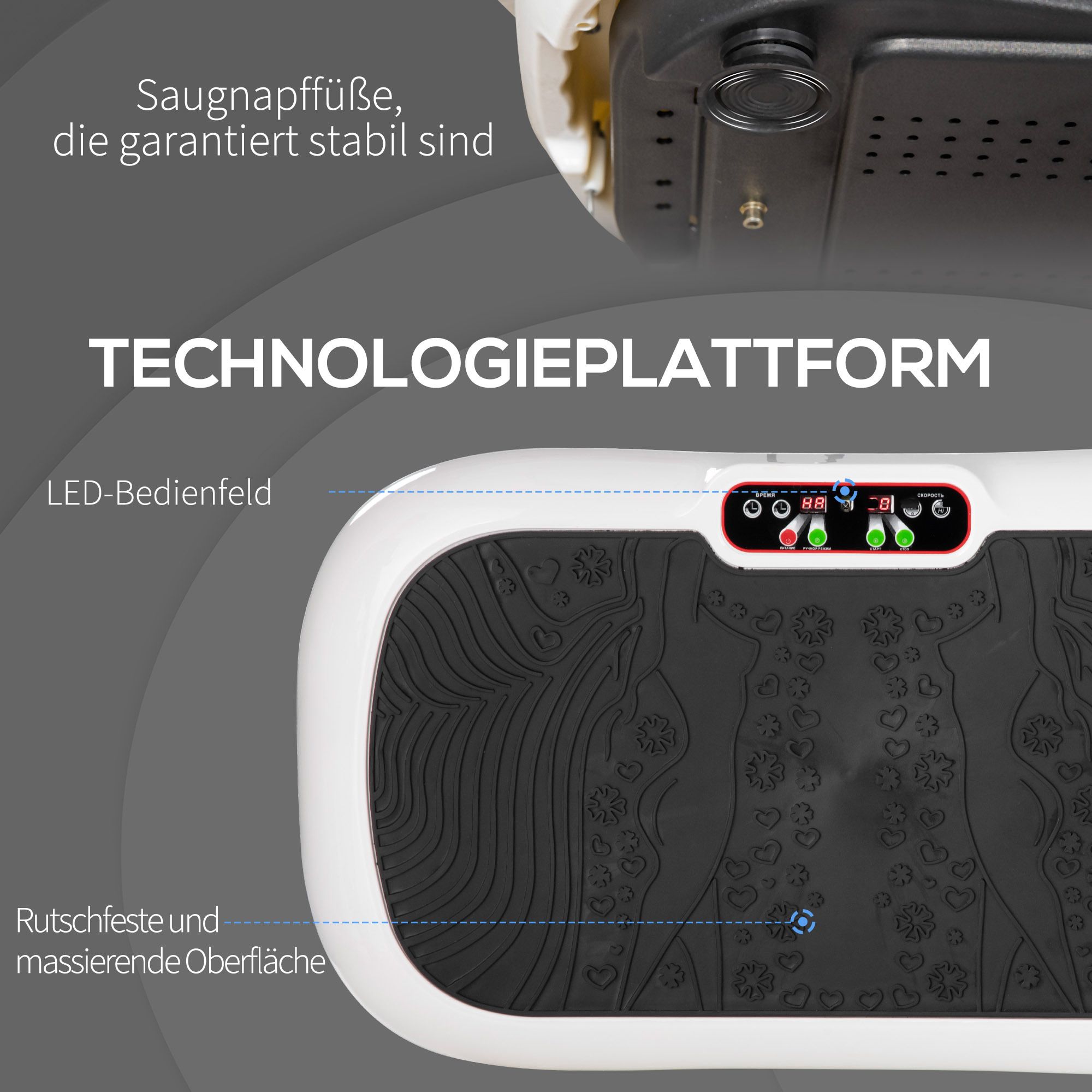 Nahaufnahme der Vibrationsplatte. Rutschfeste Oberfläche, LED-Bedienfeld, Saugnapffüße.