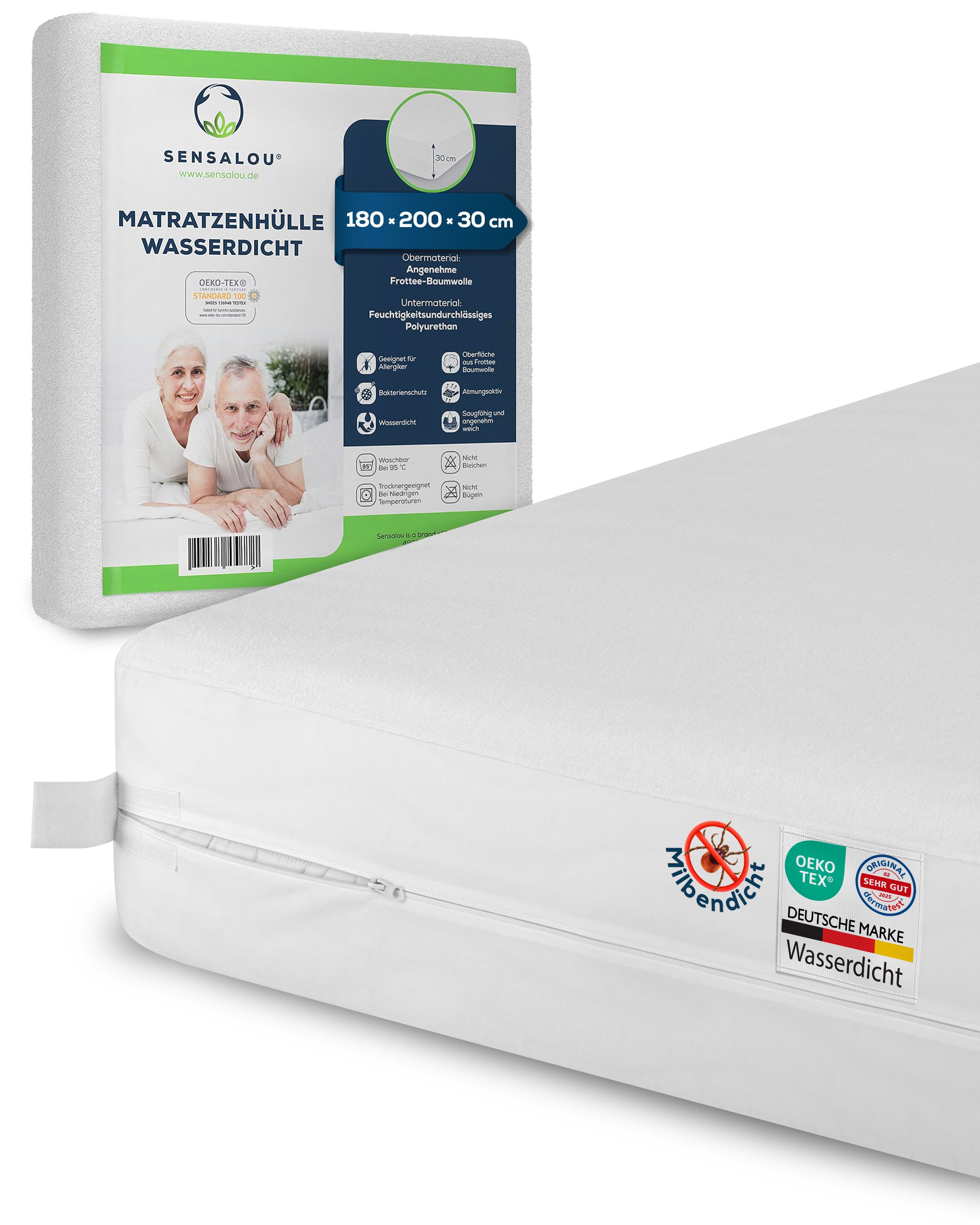 Matratzenhülle mit Reißverschluss, weiß. Verpackung mit Produktinformationen. Oeko-Tex-Zertifizierung, wasserdicht.