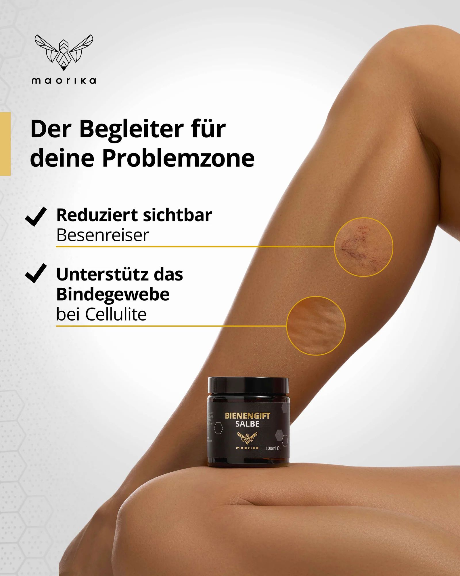 Bein mit Produkt und Text: Reduziert Besenreiser, unterstützt Bindegewebe bei Cellulite. Produkt: Schwarzes Glas mit Aufschrift.