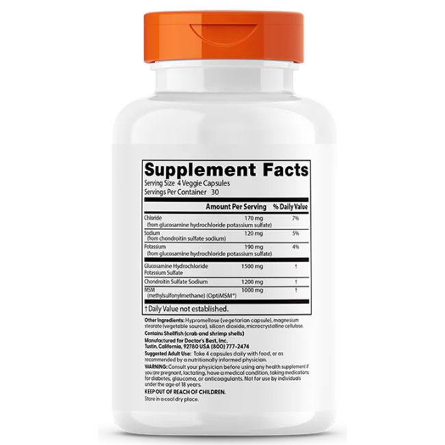Rückseite der Doctor's Best Glucosamine Chondroitin MSM Flasche mit Nährwertangaben und Inhaltsstoffen.