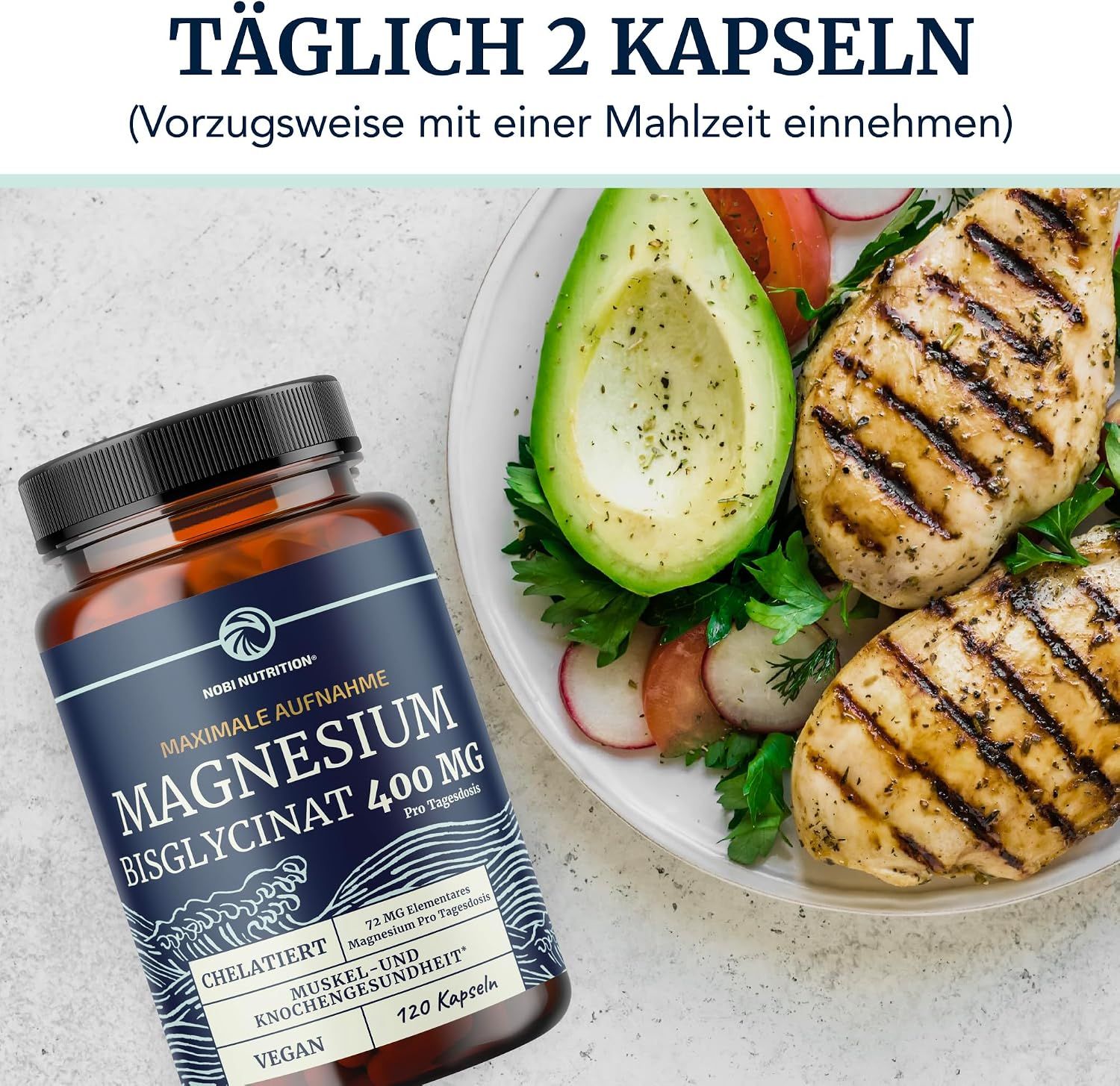 Nobi Nutrition Magnesium Bisglycinat Kapseln, 400mg, 120 Kapseln, vegan.