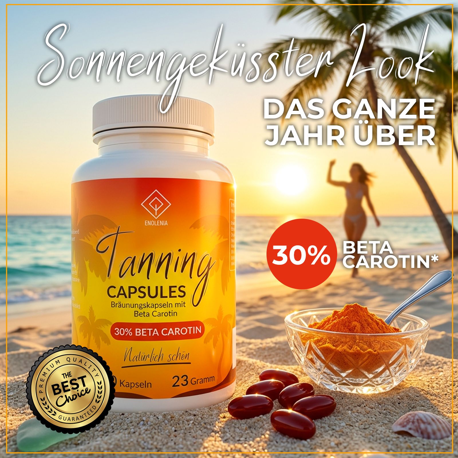 Enolenia Bräunungskapseln am Strand, 30% Beta-Carotin.