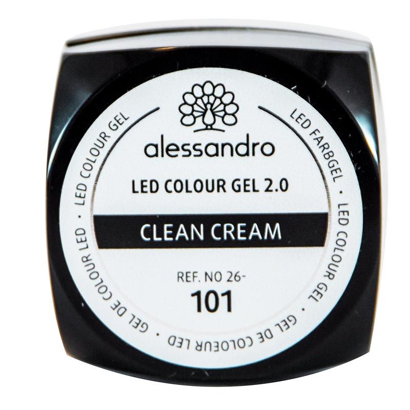 Runder Tiegel mit schwarzem Deckel. Auf dem Etikett: Alessandro, LED Colour Gel 2.0, Clean Cream, Ref. No. 26-101. Logo: Pfau.