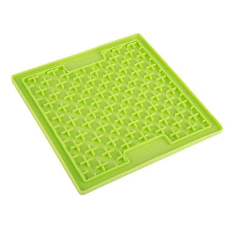 Grüne LickiMat Buddy, quadratisch, mit Kreuzmuster. Aus Kunststoff.